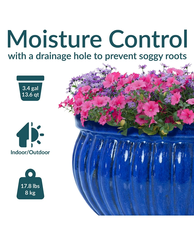 Sunnydaze Decor Ceramic Ribbed Planter Bowl - Imperial Blue - 14.5" Round