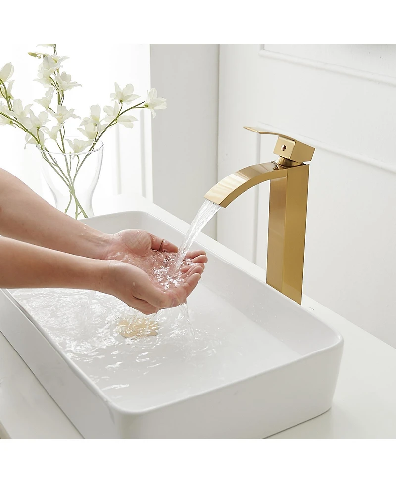 Greenspring Waterfall Single Hole Handle Bathroom Vessel Sink Faucet With Pop Up Drain Without Overflow Matte Black & Gold