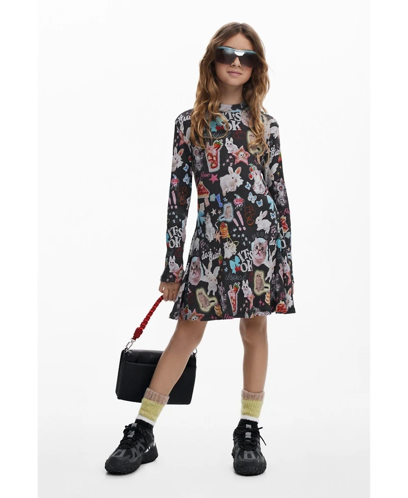 Desigual Girls's Long sleeve cat skater dress
