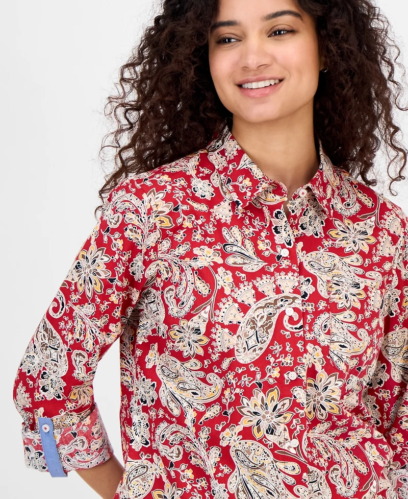 Nautica Jeans Women's Cotton Paisley-Print Roll-Tab Shirt