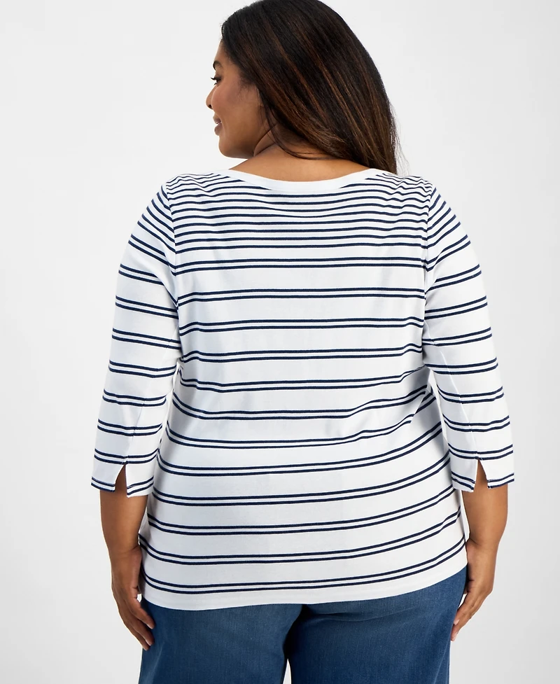 Style & Co Plus Printed Pima Cotton 3/4-Sleeve Top, Exclusively at Macy's