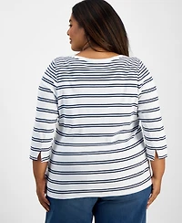 Style & Co Plus Printed Pima Cotton 3/4-Sleeve Top, Exclusively at Macy's