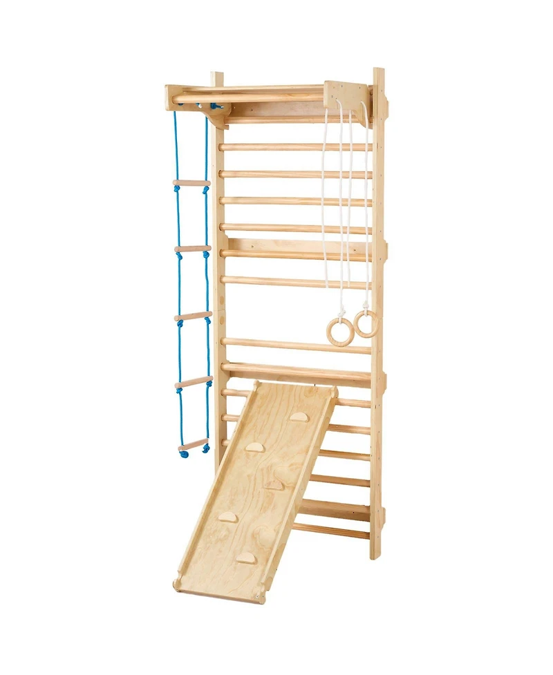 Slickblue Kids Indoor Playground 5 in 1 Wooden Wall Gym with Swedish Ladder and Slide