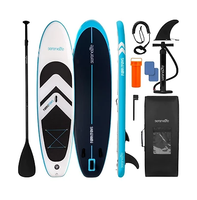 Free-Flow Welded Inflatable Stand-Up Paddle-Board with Double-Action Hand Pump, 3-Shaft Aluminum Paddle, Leash, Fin, Repair Kit and Backpack (Black)