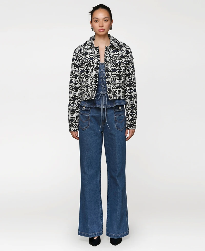 Avec Les Filles Women's Printed Cropped Trucker Jacket
