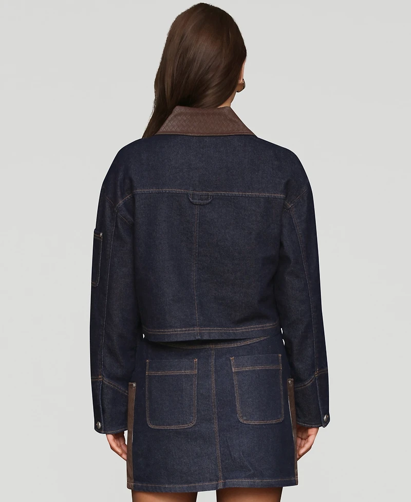 Avec Les Filles Women's Faux-Collar Crop Trucker Jacket