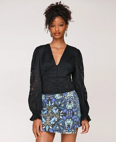 Avec Les Filles Women's Cotton Pintuck Lace-Trim Button-Front Blouse