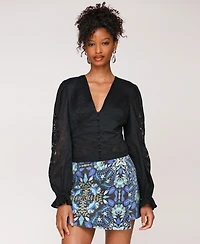 Avec Les Filles Women's Cotton Pintuck Lace-Trim Button-Front Blouse