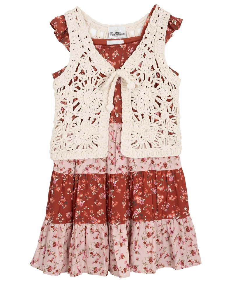 Rare Editions Big Girls 2-Piece Mixed Floral With Crochet Vest and Dress Set