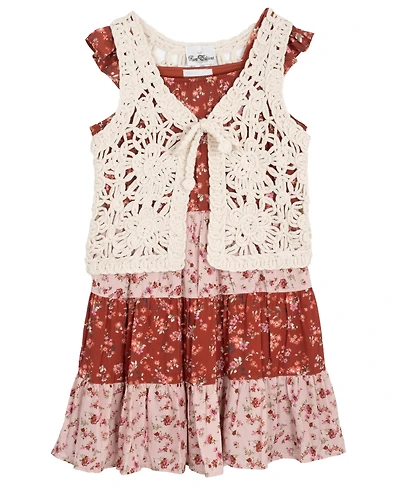 Rare Editions Big Girls 2-Piece Mixed Floral With Crochet Vest and Dress Set