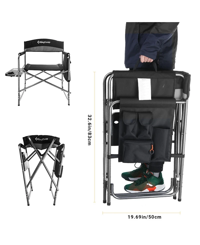 KingCamp Padded Outdoor Folding Chair with Table & Pockets, Black/Grey (2 Pack)