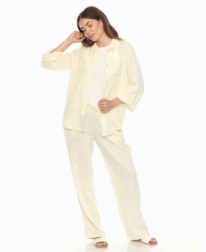 White Mark Women's Long Sleeve Button Down Cotton Gauze Set