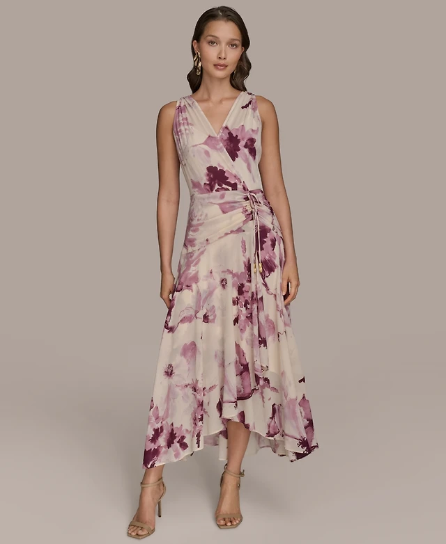knee length dresses for ladies Satin Floral Asymmetric Midi Dress | Asymmetrical main image 0