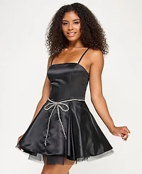 Seni & Cade Juniors' Beaded-Bow-Trim Satin Fit Flare Dress