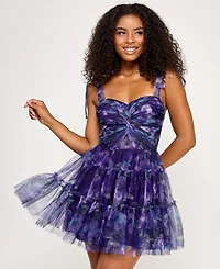 Seni & Cade Juniors' Twisted Printed Mesh Fit Flare Dress
