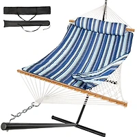Double Hammock with Stand, 2 Person Cotton Rope Hammock with Removable Polyester Pad