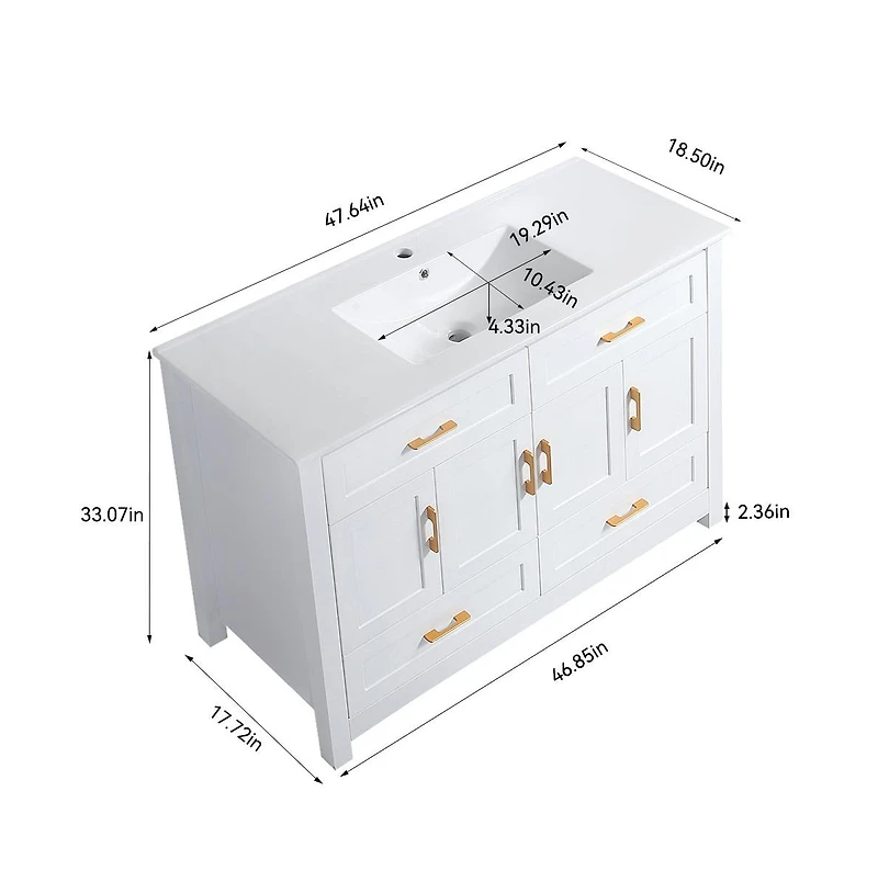 Casainc 48" White Vanity with Ceramic Sink Combo, 4 Soft-Close Doors & 4 Drawers, Elegant Storage Unit