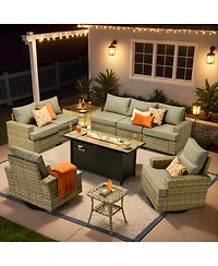 Xizzi 10 Pieces Outdoor Patio Furniture Set,Rattan Sectional Sofa Couch,Outside Coversation Set with Swivel Chairs,54" Fire Pit and Solar Coffee Table