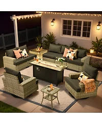 Xizzi 10 Pieces Outdoor Patio Furniture Set,Rattan Sectional Sofa Couch,Outside Coversation Set with Swivel Chairs,54" Fire Pit and Solar Coffee Table