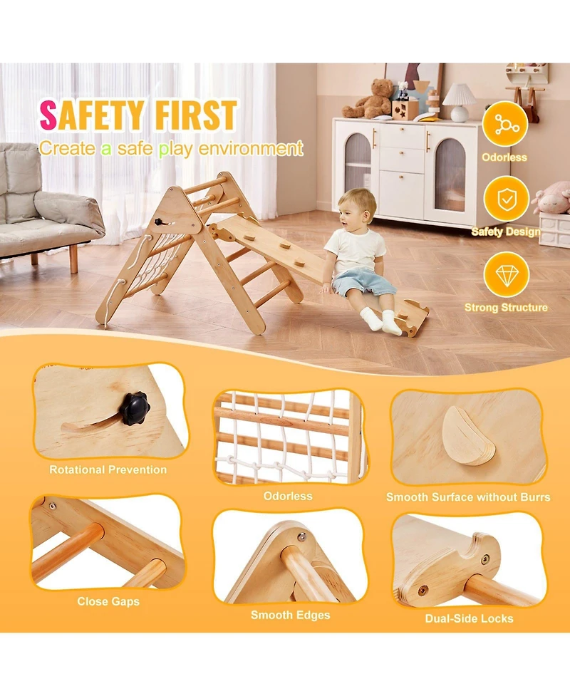 Slickblue Toddler 4 in 1 Climbing Set with Wooden Pikler Triangle Ramp and Arch for Indoors
