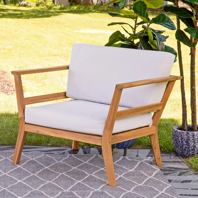 Bodie Acacia Wood Patio Armchair with Bone White Cushions - Natural