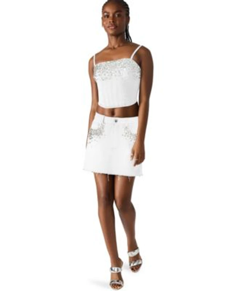 Steve Madden Womens Eras Embellished Cotton Denim Crop Top Eras Embellished Cotton Denim Mini Skirt