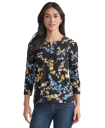 Jones New York Women's Printed Embellished-Keyhole 3/4-Sleeve Top