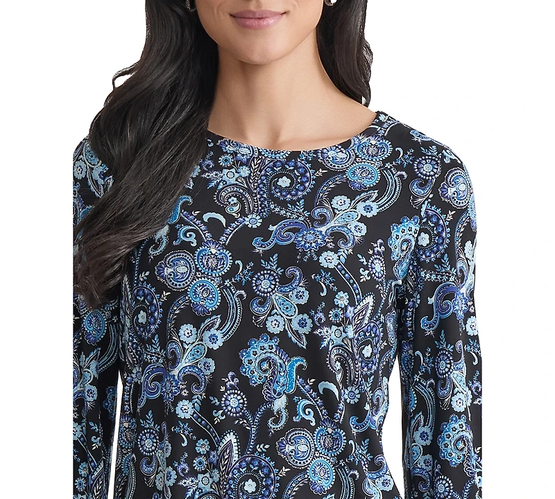 Jones New York Women's Paisley-Print Puff-Sleeve Crewneck Top
