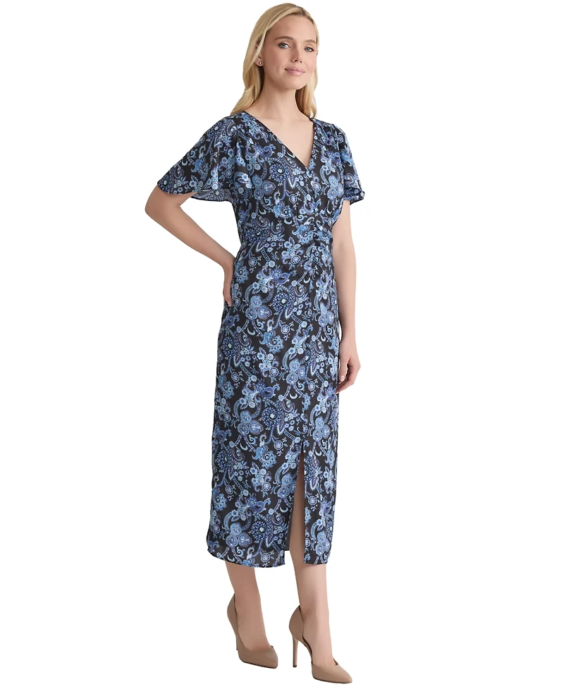 Jones New York Women's Printed Shirred Flutter-Sleeve Midi Dress