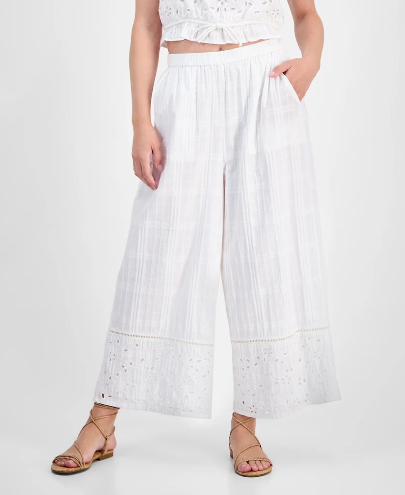 Lucky Brand Women's Cotton High-Rise Cutwork Wide-Leg Pants