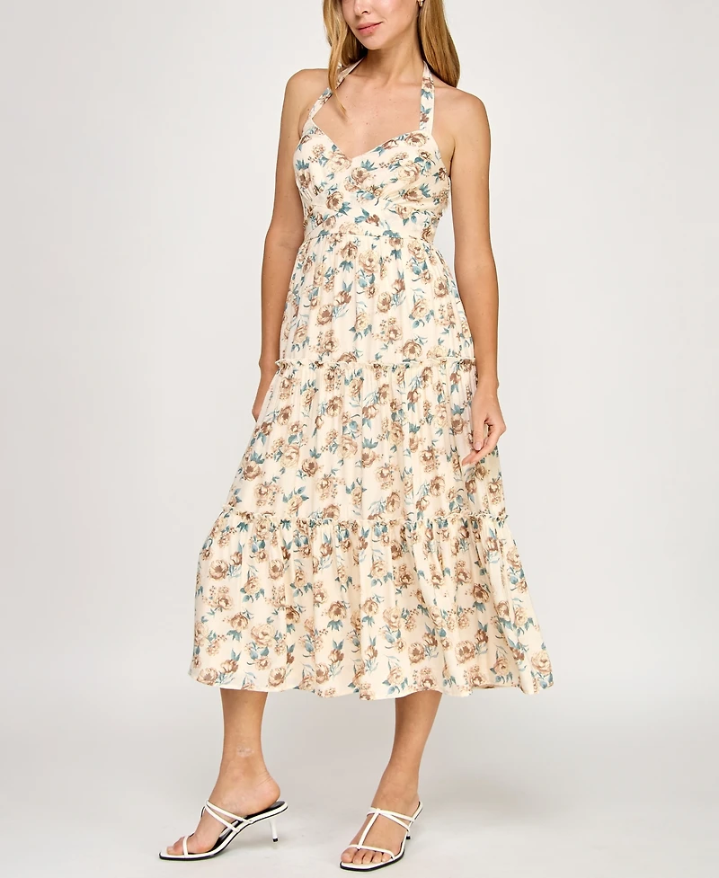 Trixxi Juniors' Printed Sleeveless Halter Midi Dress