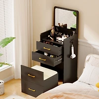 Vlsrka 3-in-1 Vanity Desk with Flip-Top Mirror, Glass Top, 3 Drawers, and Stool