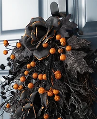 Glitzhome 28" Halloween Black Rose and Berry Swag Metal Wreath Hanger