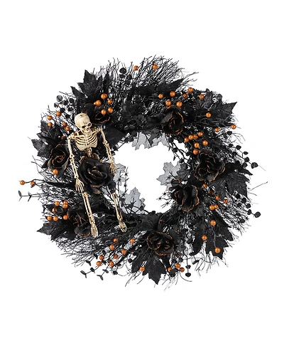 Glitzhome 7" Halloween Black Rose, Skeleton and Berry Wreath Hanger