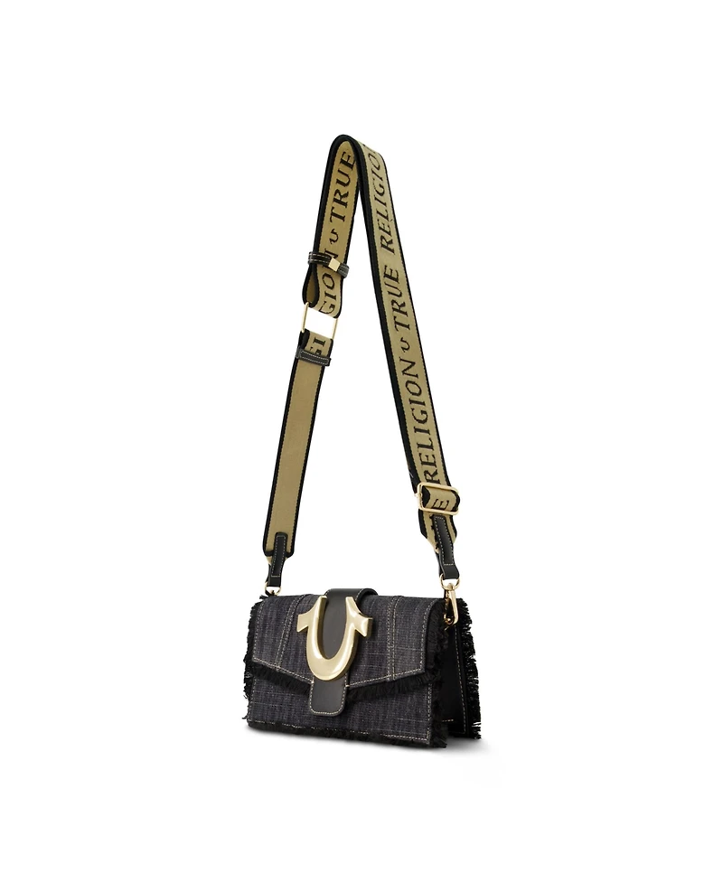 True Religion Frayed Denim Flap Bag with Logo Strap