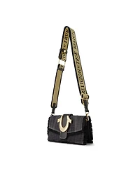 True Religion Frayed Denim Flap Bag with Logo Strap
