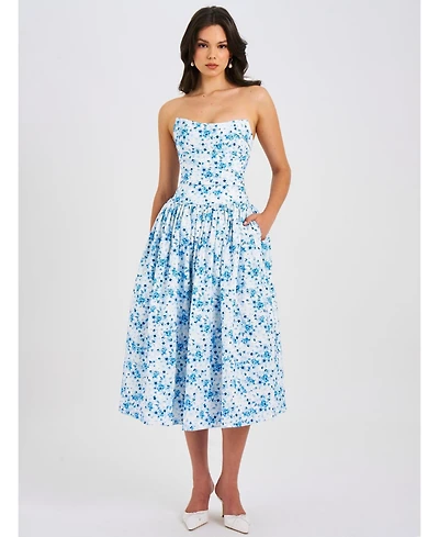 Miss Circle Women's Paloma Blue Print Linen Corset Draping Top Midi Dress