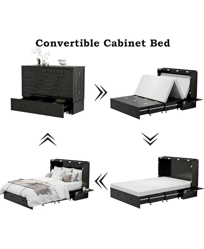 livelylodge Black queen Murphy bed with 2 drawers, 2 shelves, 2 Usb ports, and 2 charging ports. Ideal for guest rooms and home offices