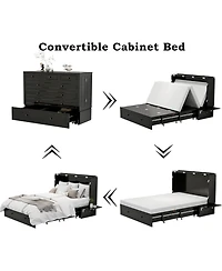 livelylodge Black queen Murphy bed with 2 drawers, 2 shelves, 2 Usb ports, and 2 charging ports. Ideal for guest rooms and home offices