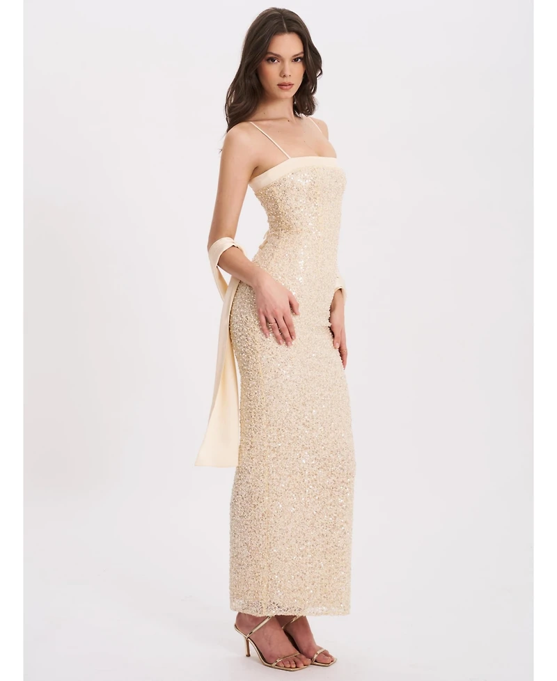 Miss Circle Women's Raizel Gold Beaded Sequin Bodycon Gown with Scarf