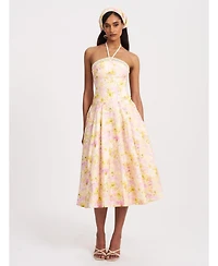 Miss Circle Women's Zaina Yellow Pink Floral Print Lace Trim Linen Midi Dress