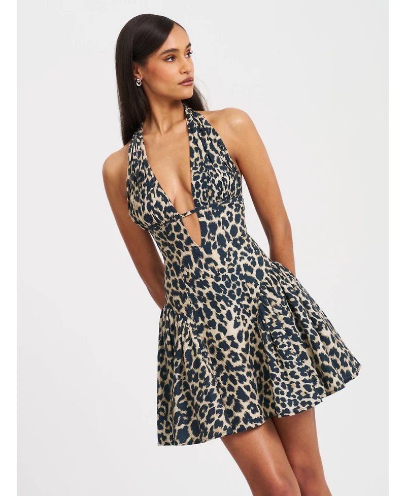 Miss Circle Women's Mackenzie Cheetah Print Halter Linen Mini Dress
