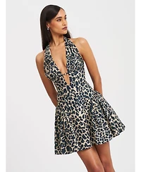 Miss Circle Women's Mackenzie Cheetah Print Halter Linen Mini Dress