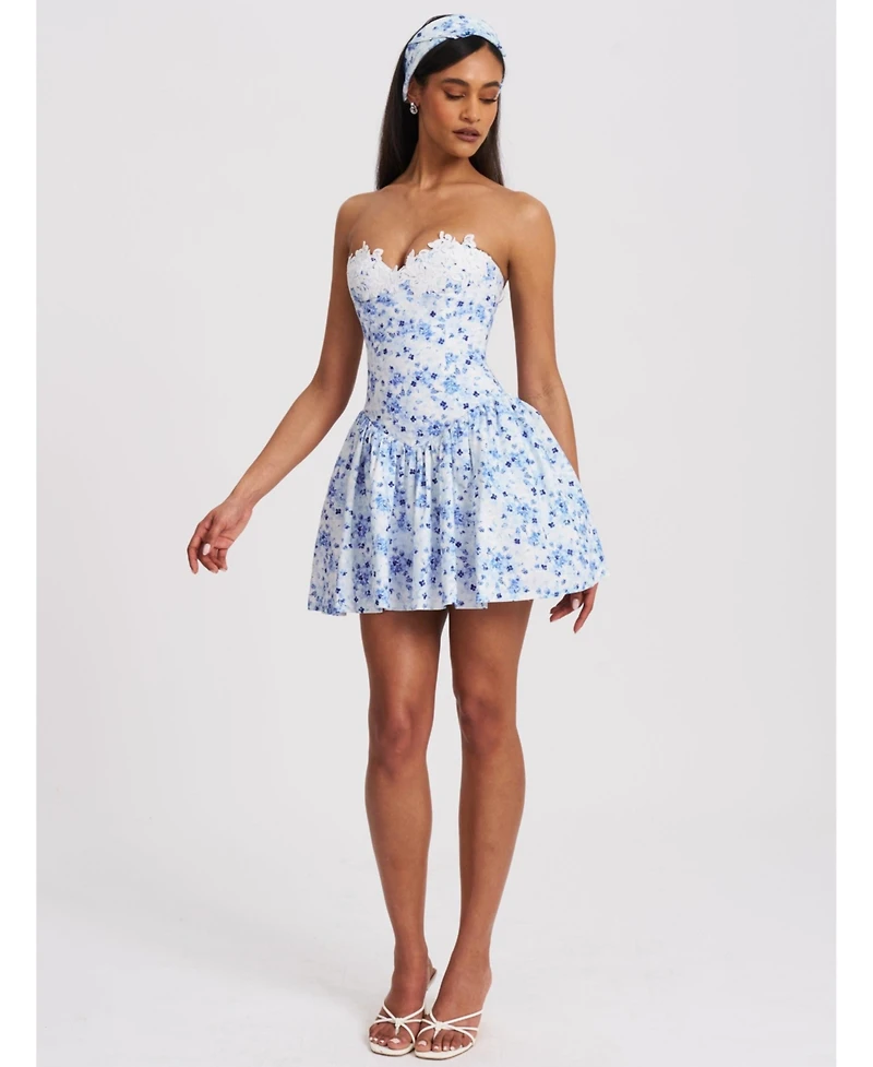 Miss Circle Women's Taleah Blue Floral Print Linen Mini Dress with Lace Trim