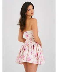 Miss Circle Women's Samara Floral Drop Waist Linen Corset Puffy Mini Dress