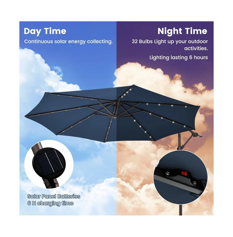 10 Feet Cantilever Umbrella with 32 Led Lights and Solar Panel Batteries