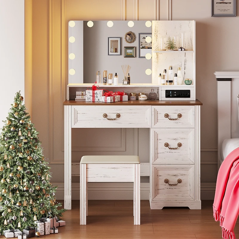 Vlsrka Vanity desk for bedroom with lights, drawers, shelves, stool, and mirror.