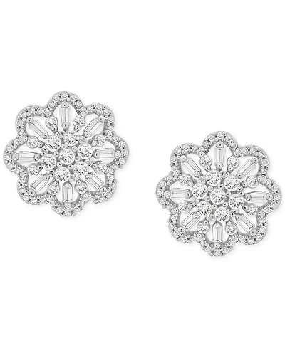 Wrapped in Love Diamond Round & Baguette Flower Stud Earrings (1 ct. t.w.) in 14k White Gold, Exclusively at Macy's