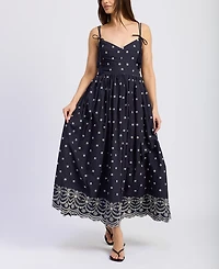 En Saison Women's Nara Cotton Embroidered Tie-Strap Midi Dress