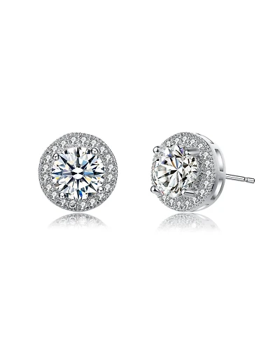 Rachel Glauber White Gold Plating with Clear Cubic Zirconia Round Stud Earrings